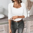 thumbnail image 2 of XPMWRP Women's Solid Color Sweaters Fall Fashion Ribbed Long Sleeve Lightweight Knit Square Neck Tops Cute and Trendy Outfits White L, 2 of 5