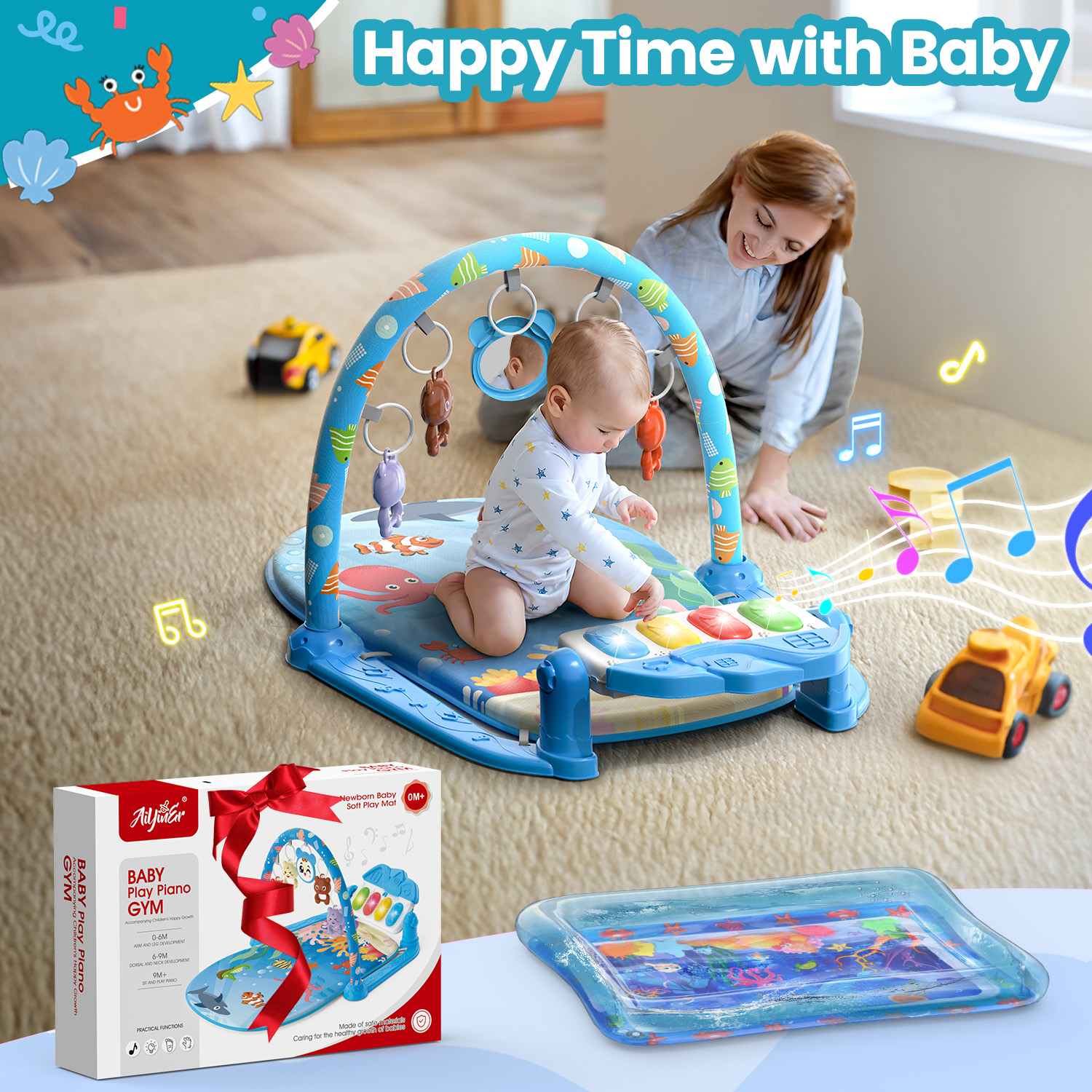 WonderStone 2-in-1 Baby Gym with Water Mat and Play Piano, Blue photo 2