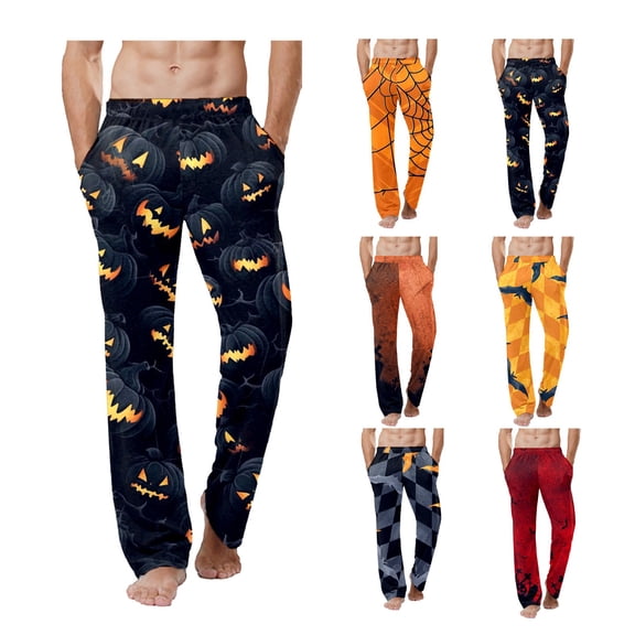Halloween Mens Pajama Pants - Pumpkin Bat Print Cozy PJ Lounge Sleep Pants with Pockets Sleepwear for Men & Women
