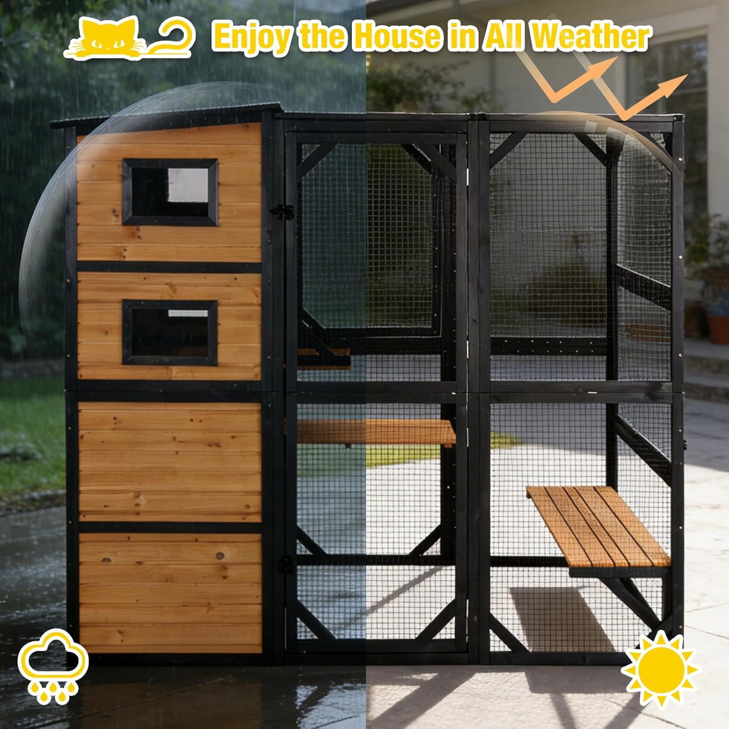 Aivituvin 77" Tall Catio Outdoor Cat Enclosure, Large Wooden Cat House with Waterproof Roof & 3-Tier Platforms, Walk-in Outside Cat Patio with Connectable Window Door for Multiple Cats (Orange)