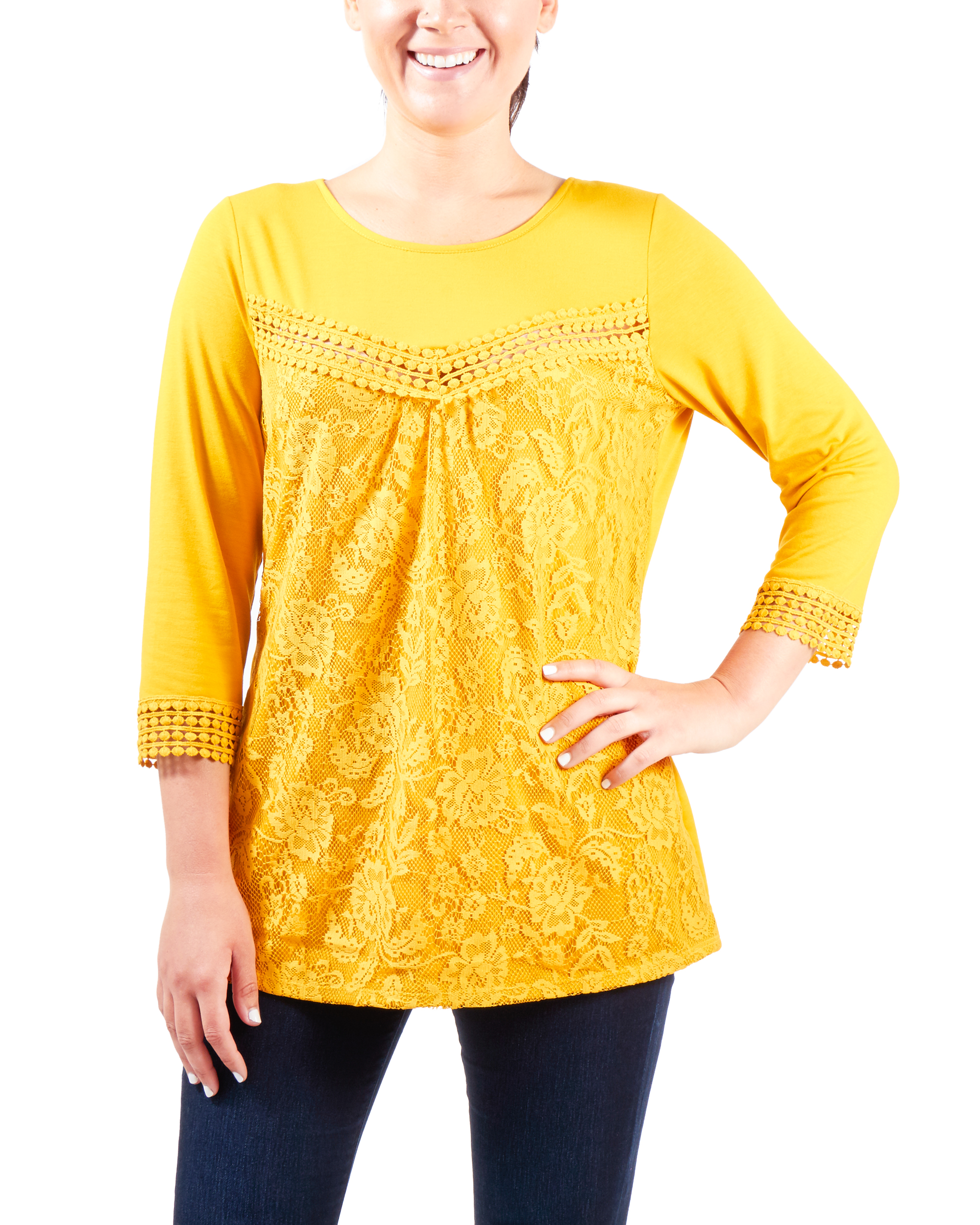 3/4 Sleeve Crochet Trim Top