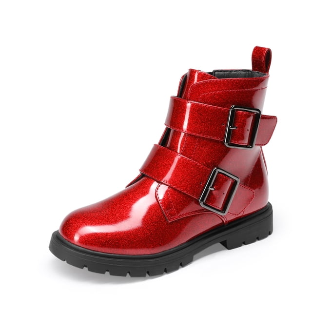 Botas DREAM PAIRS para Niña con Brillo, Rojo, Tobilleras con Hebilla y Cierre