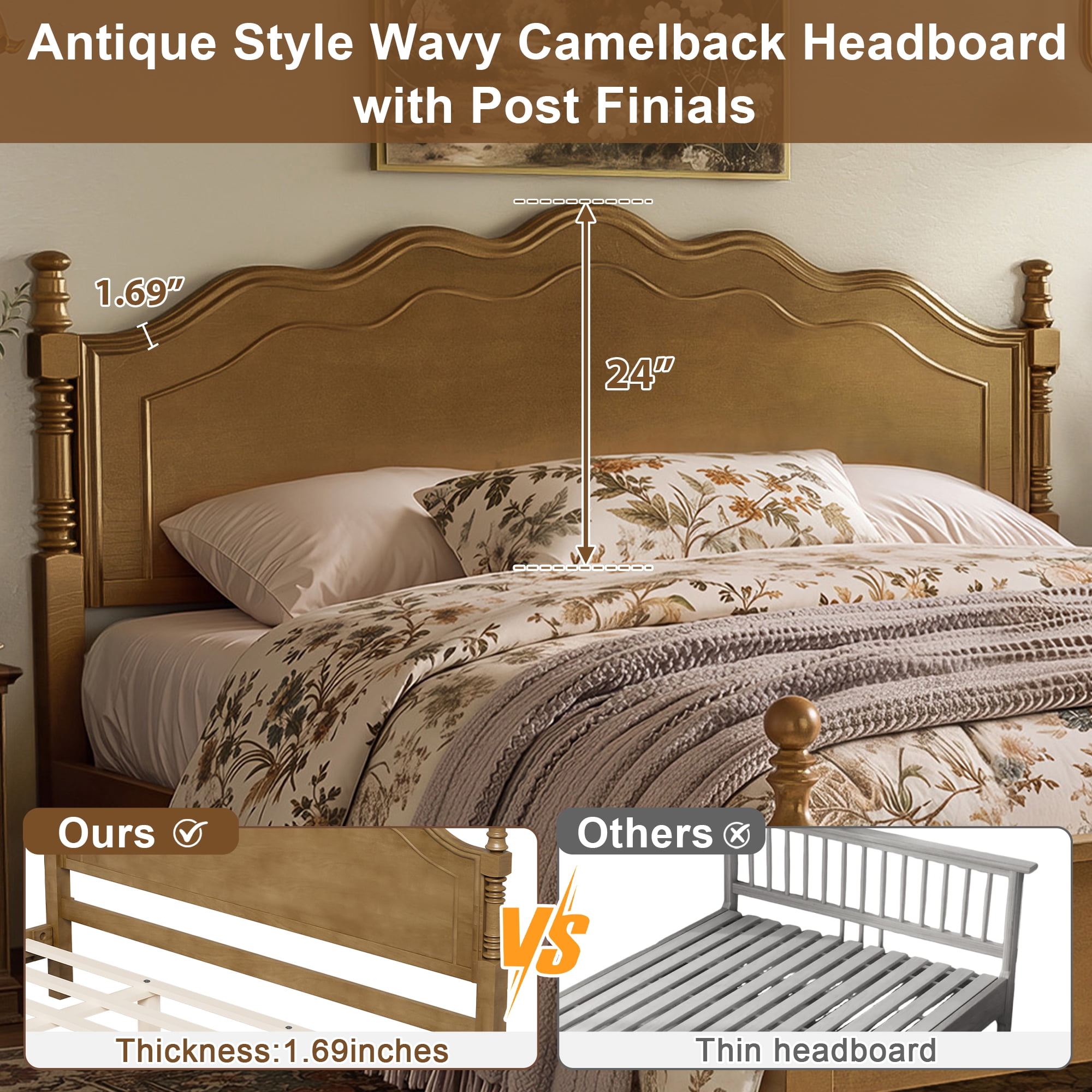 Euroco Wood King Size Platform Bed, Classic American Vintage Style Wood Bed with Curved Headboard, No Box Spring Needed, Dark Oak