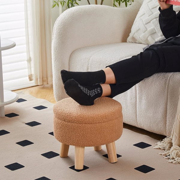 Storage Ottoman, Modern Round Footrest with Soft Padded Seat, Teddy Velvet Footstool with Wood Legs, Accent Small Table or Plant Stand for Hallway, Living Room (Champagne)