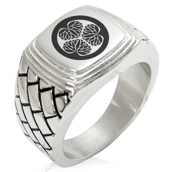 Stainless Steel Tokugawa Samurai Crest Geometric Pattern Step-Down Biker Style Polished Ring