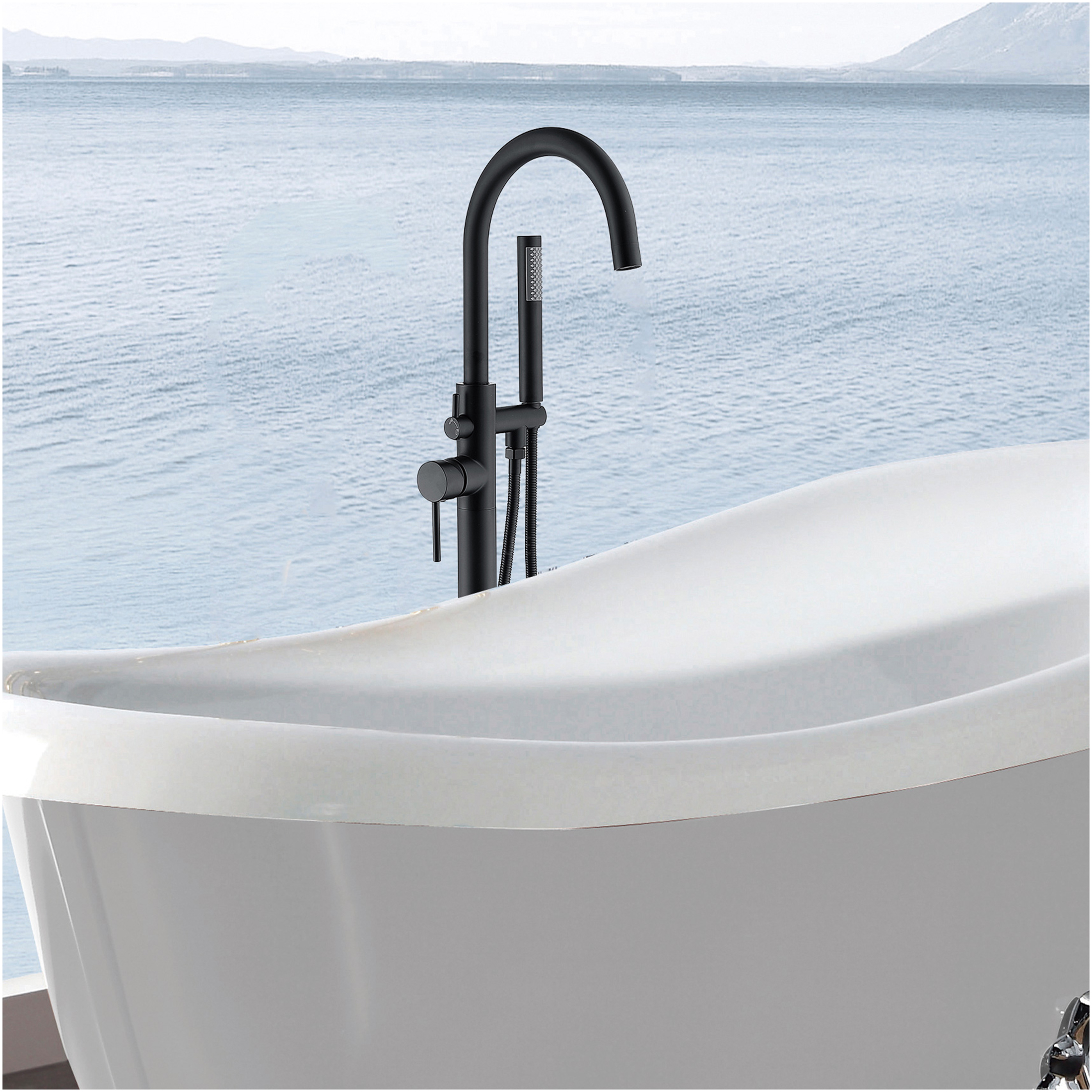 JERFIT Matte Black Freestanding Tub Filler with Hand Shower, 3.9 GPM Modern Bathtub Faucet for Master Bathroom