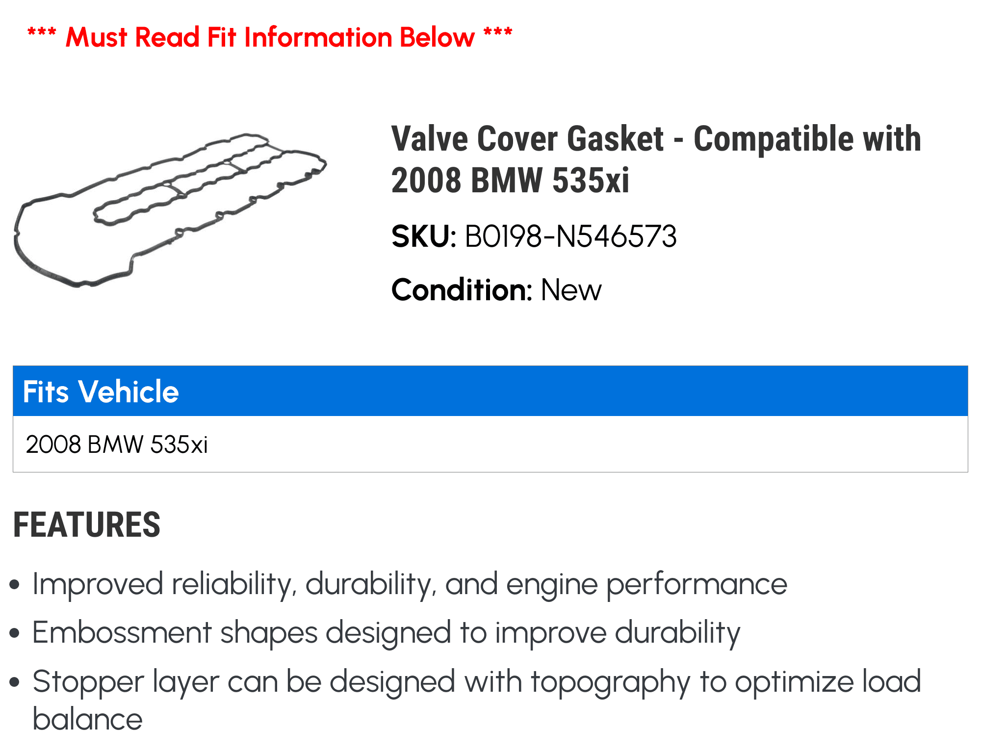 Valve Cover Gasket - Compatible with 2008 BMW 535xi
