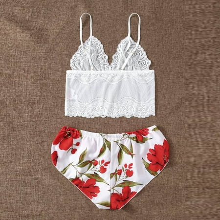 

B91xZ Lingerie For Women Splicing Lace Women s Suit Love Underwear Two-piece Printed Fun Womens Lingerie Open Crotch White M