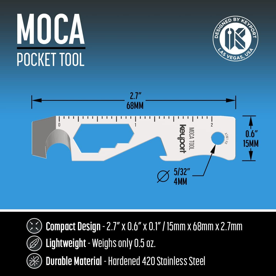 Keyport, Keychain Multitool, MOCA 10-in-1, Silver Stainless Steel
