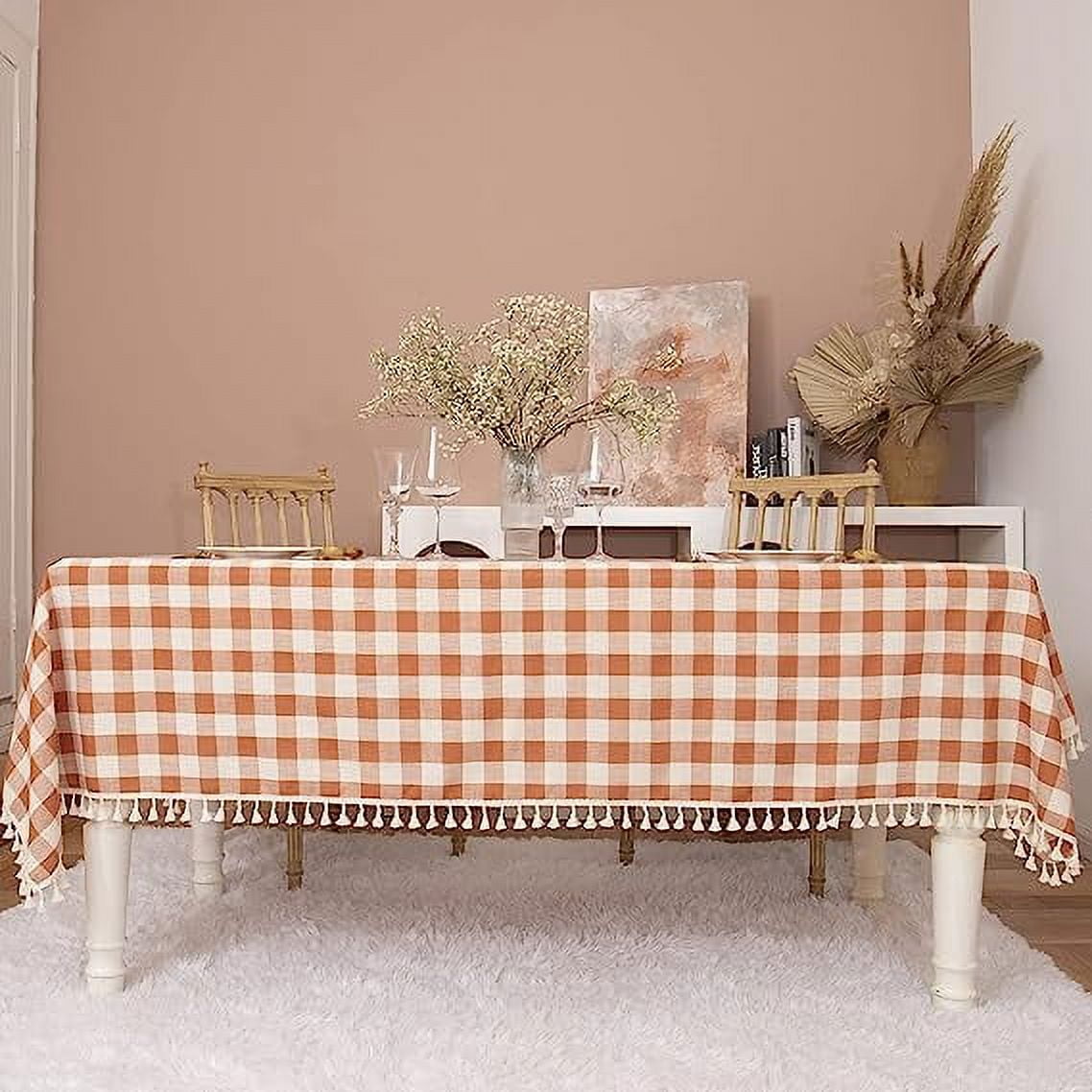 Namzi-b Checkered Rectangle Tablecloth, Heavy Weight Wrinkle Free Cotton Linen Table Cloth Plaid Table Cover for Spring Summer Picnic Kitchen Dinner Restaurant Outdoor ,51*70.8in, Orange