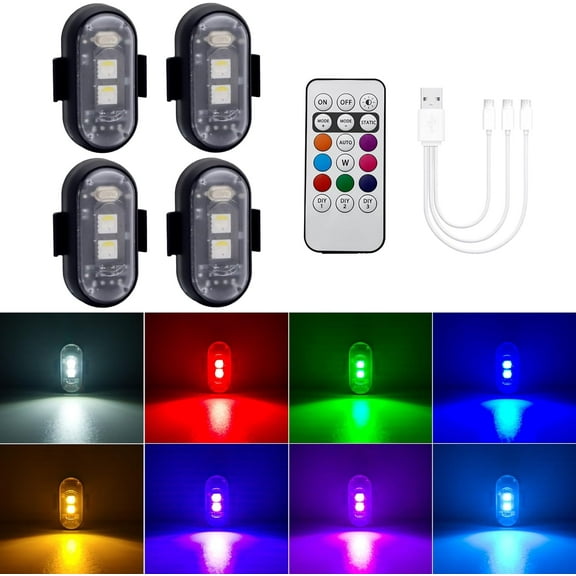4Pcs Led Strobe Lights for Cars Motorcycles Bikes 8 Colors Wireless Led Anti Collision Lights with Remote Control Rechargeable Warning Lights