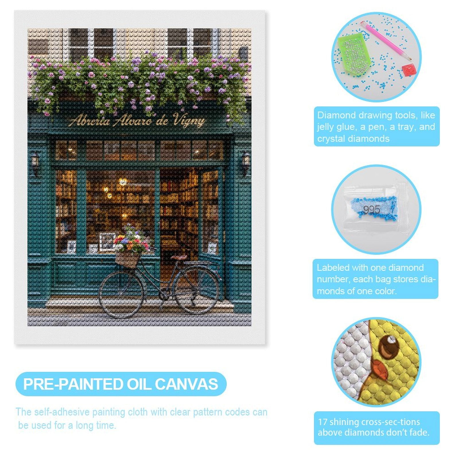 Diamond Art Kits for Adults - Vintage Bookstore Bicycle Flowers 5d Diamond Painting for Adults, Diamond Art for Adults Beginners, Frameless Diamond Painting Kits for Adults for Home Wall Decor