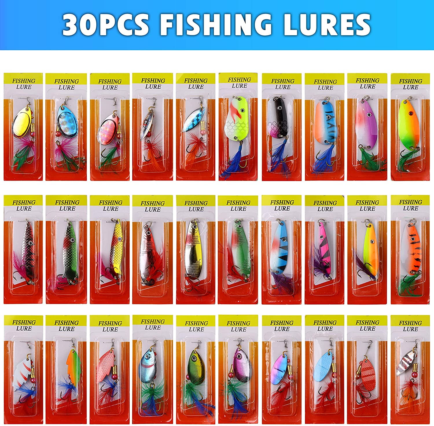 Metal Spinner Fishing Lures Kit Rooster Bait Tail,30pcs Metal Spoon Lures with Feathered Treble Hooks for Bass Walleye Trout Freshwater Saltwater