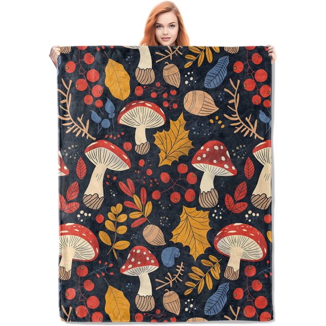 Couverture en Molleton à Motif de Champignons, Cadeaux, Champignons Colorés et Feuilles d'Automne, Jeté Doux 50 X 60 Pouces, Déco Automnale de Champignons Douillette - Rouge, Jaune et Marine