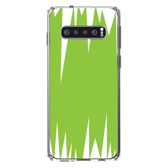 DistinctInk Clear Shockproof Hybrid Case for Samsung Galaxy S10 (6.1" Screen) - TPU Bumper, Acrylic Back, Tempered Glass Screen Protector - Lime Green White Spikes
