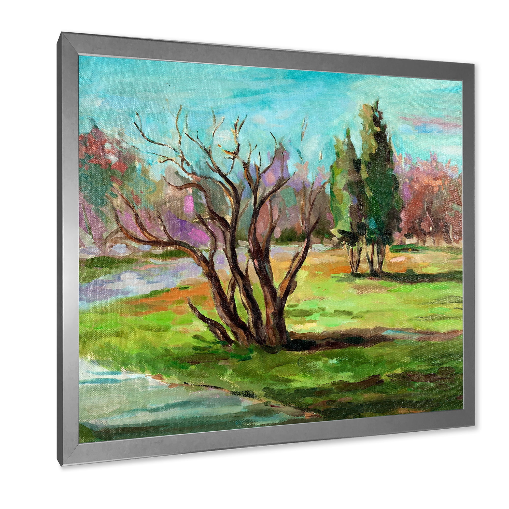Designart 'Two Distant Trees In A Vibrant Green Landscape' Traditional Framed Art Print