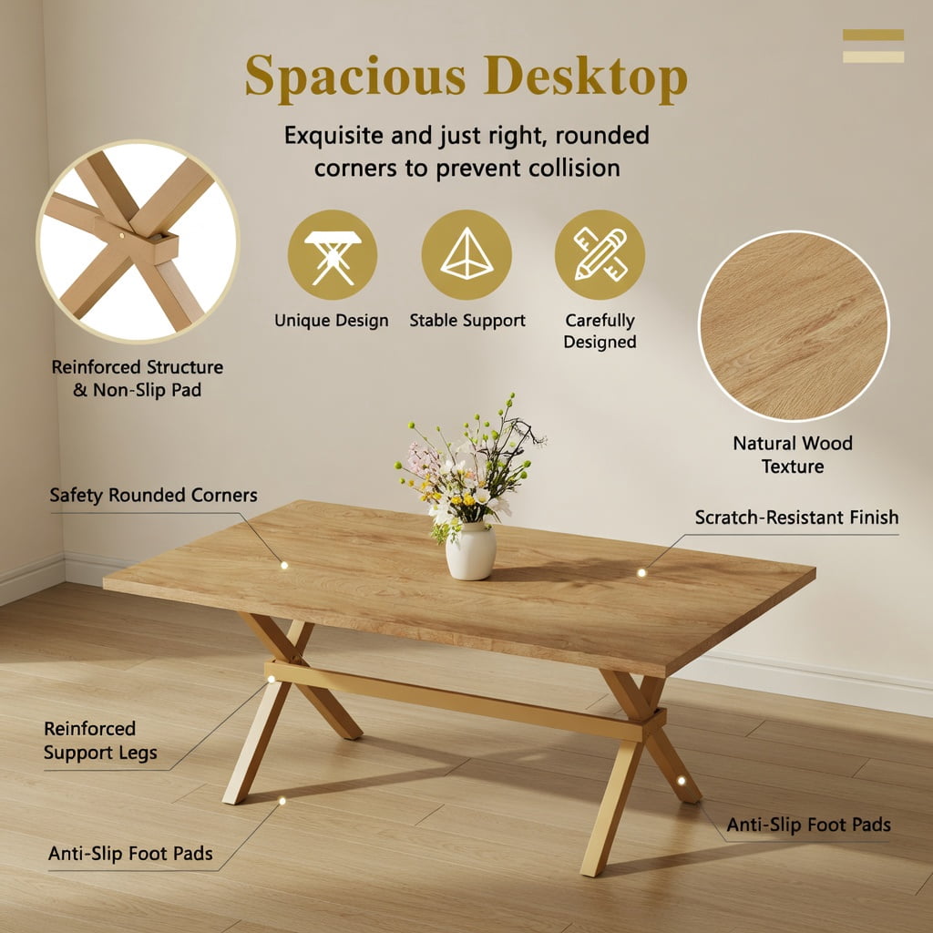 Hommoo Modern Light Wood MDF Dining Table with X-Shape Metal Base, 71" x 35.4" Extendable Rectangular Table for 6-8 People, Minimalist Home & Office Use, Natural