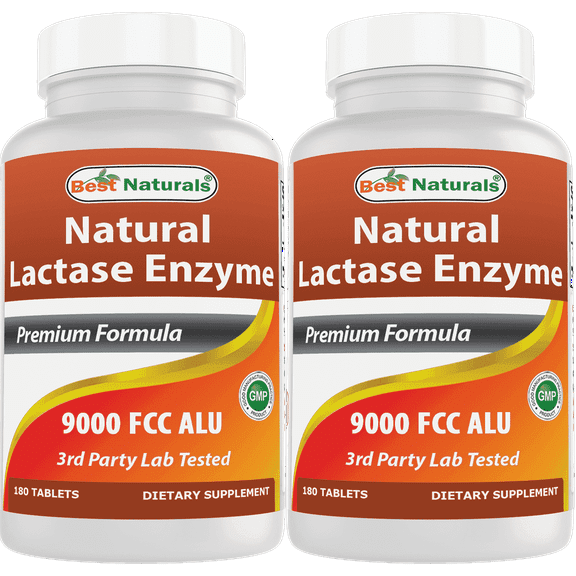 Best Naturals Lactase Enzyme 9000 FCC 2 Pack - 180 Tablets, Gluten-Free, Dairy Discomfort