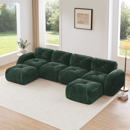 Velvet U-Shaped Sofa with Ottomans 4-Seat Modular Cloud Couch for Living Room Green