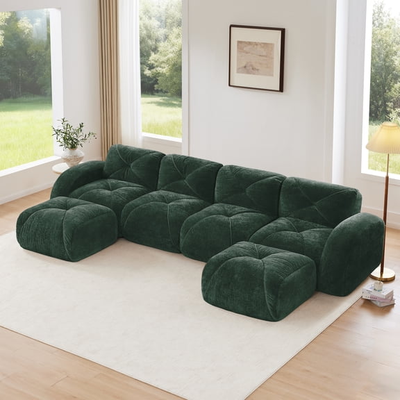 U-shaped Boneless Sofa,Tufted Design,32D High Density Sponge Bottom,Anti-Slip Design,No Assembly Required,Free Combination,Movable Ottomans For Living Rooms,Home Theater,Green