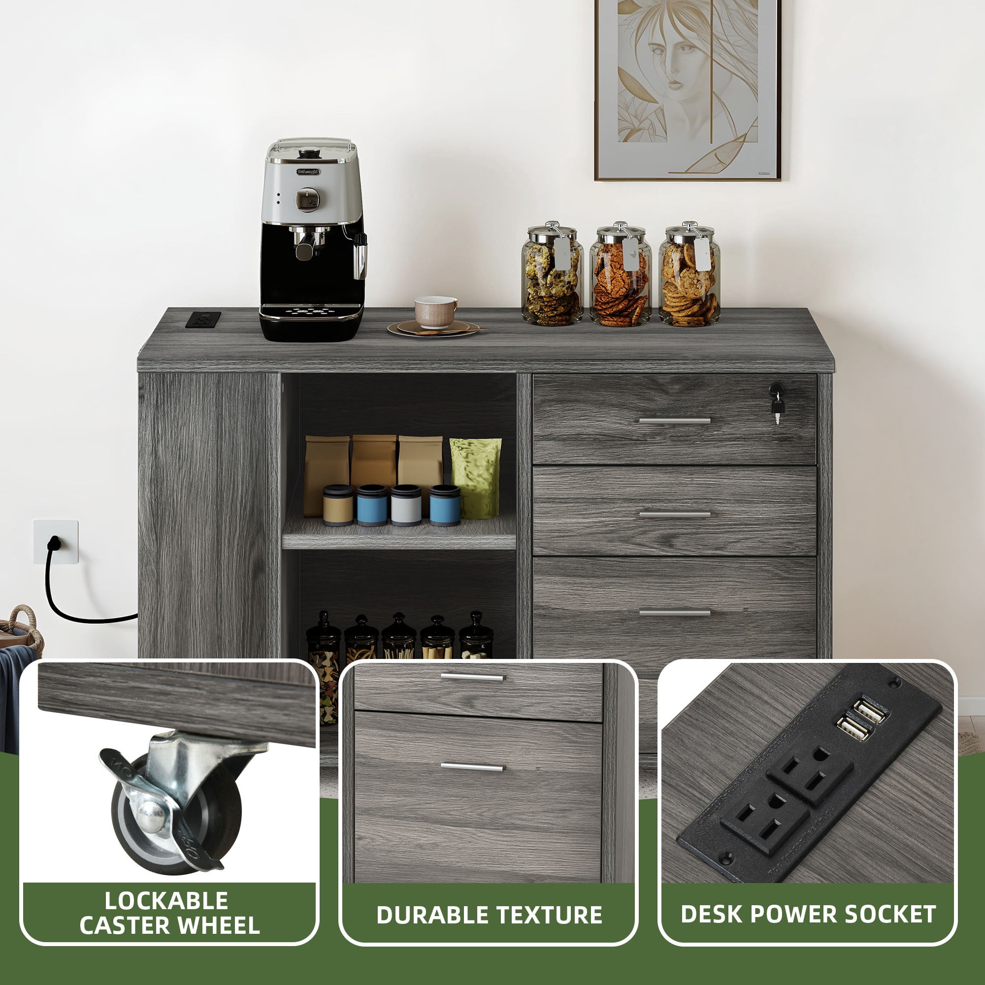 Uforic Mobile File Cabinet with Charging Station, Wood Lateral Filing Cabinet with Lock Printer Stand Fits A4 Letter Legal Size Files