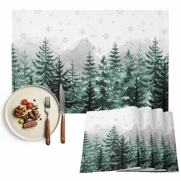 Green Christmas Tree Placemats Set of 6, Xmas Snowflake Forest Washable Wipeable Table Mats for Dining Tables, Indoor Outdoor Kitchen Place Mats for Holiday Party Table Decor