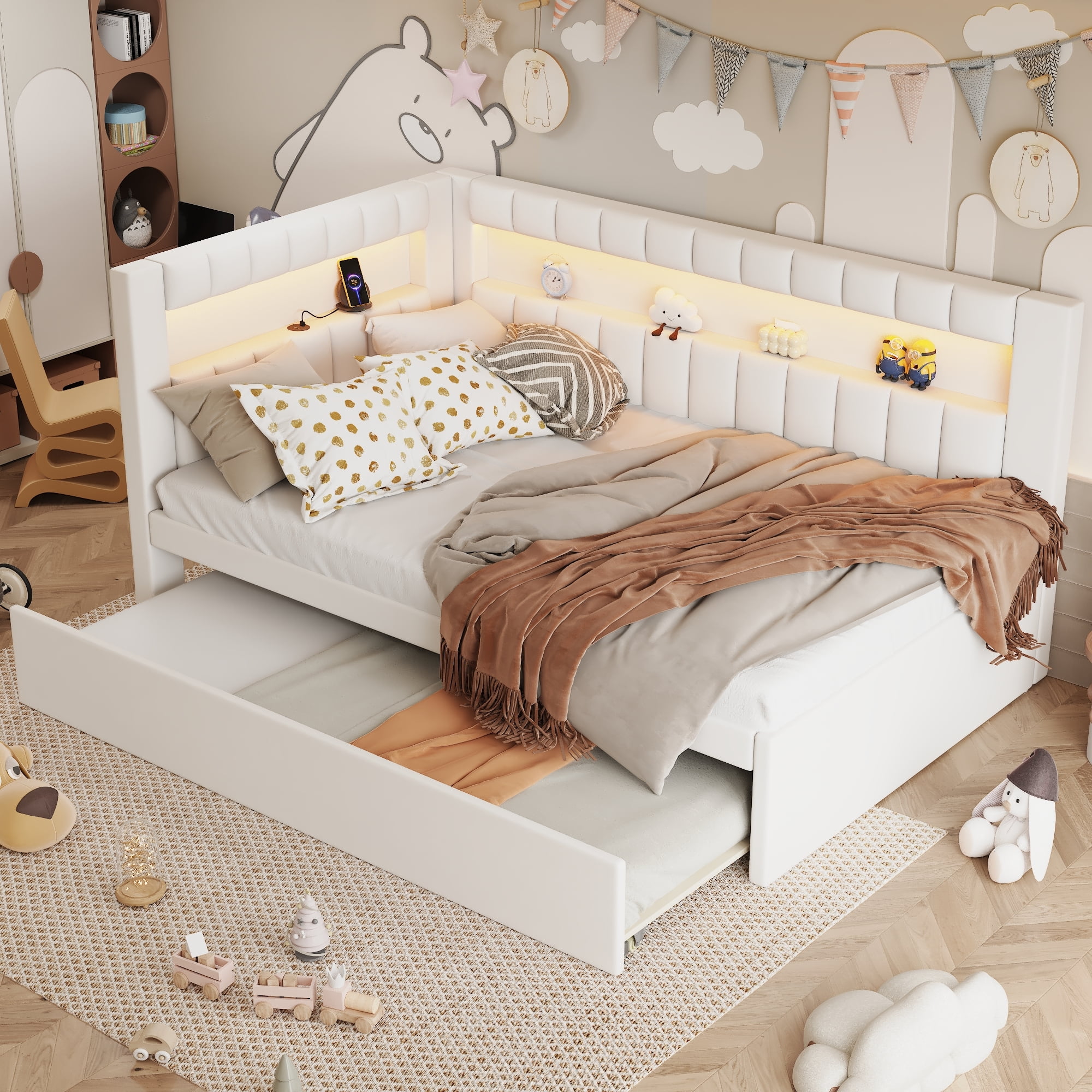 Euroco Upholstered Twin Size Daybed with Trundle, USB Charging Station and LED Light, White