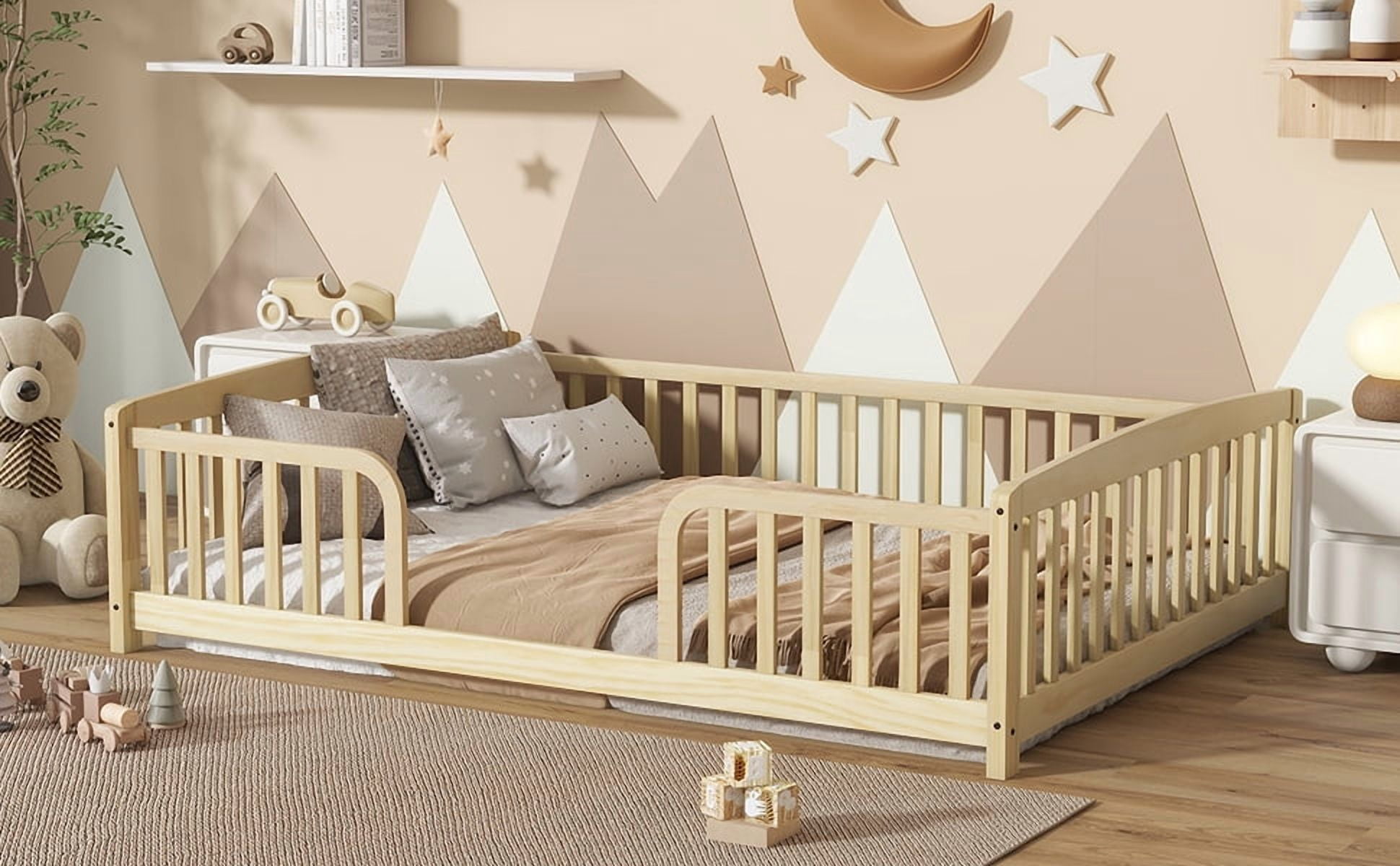 Full Size Natural Pine Wood Floor Bed with Guardrails, Kids Floor Fence Bed with Central Entrance, Rounded Corners, 300 lbs Load, No Box Spring Needed