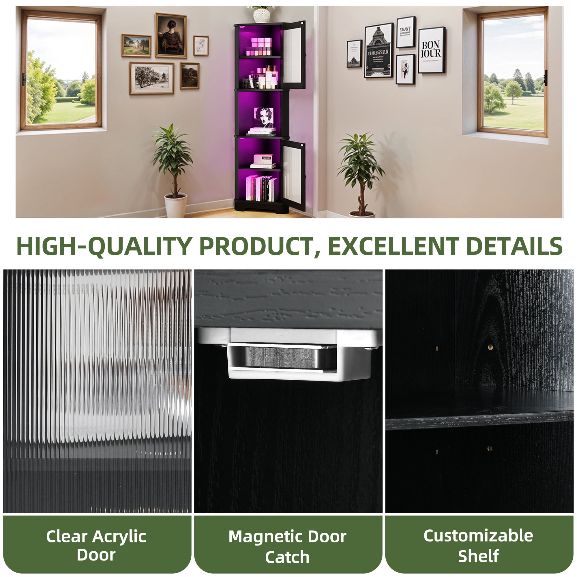 Uforic 67"Tall Corner Storage Cabinet with Door & LED Light, 5 Tier Corner Bookcase Cabinet, Black