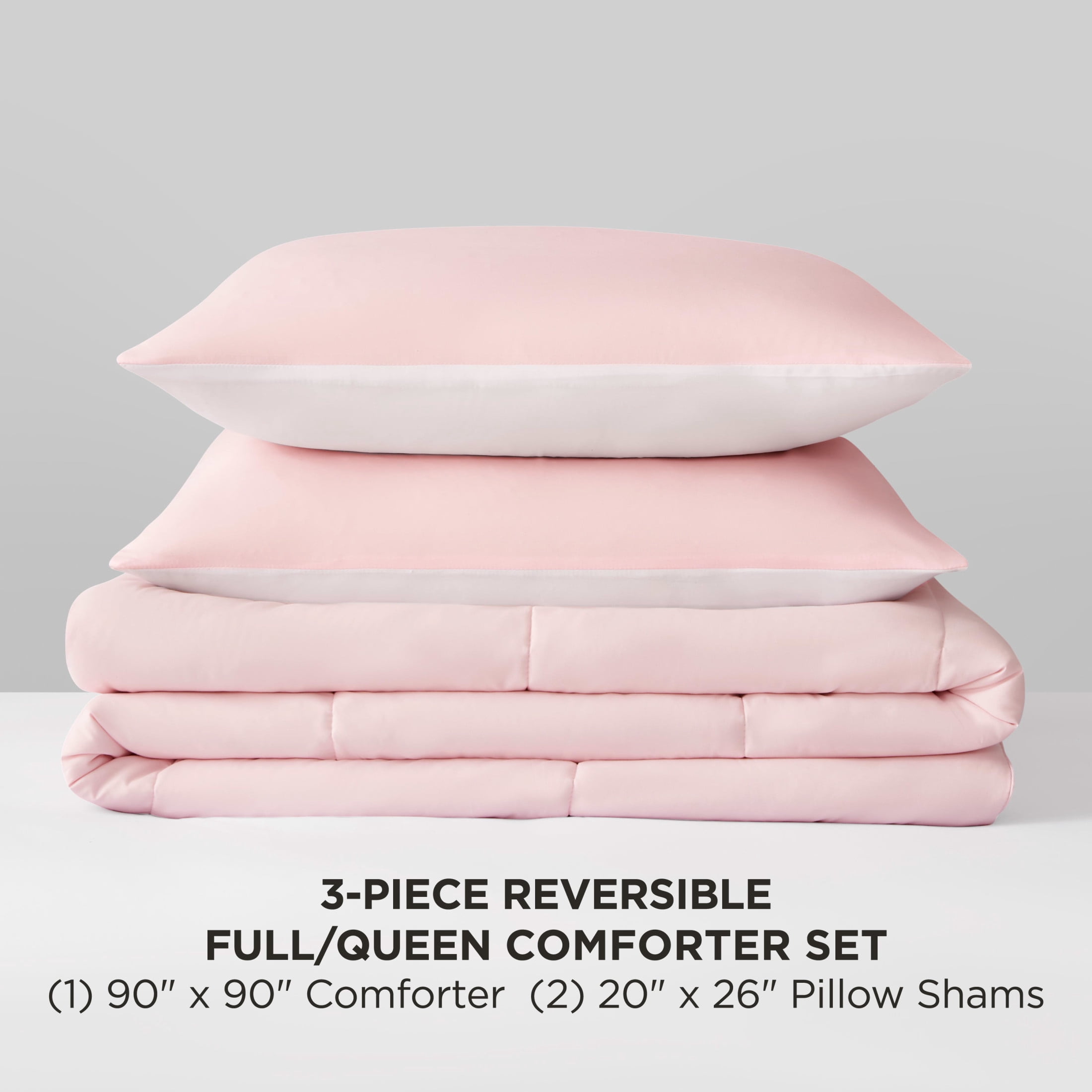 The Sheet Lab Reversible Box Stitch Comforter Set, 3-Piece Full/Queen – Light Pink/White