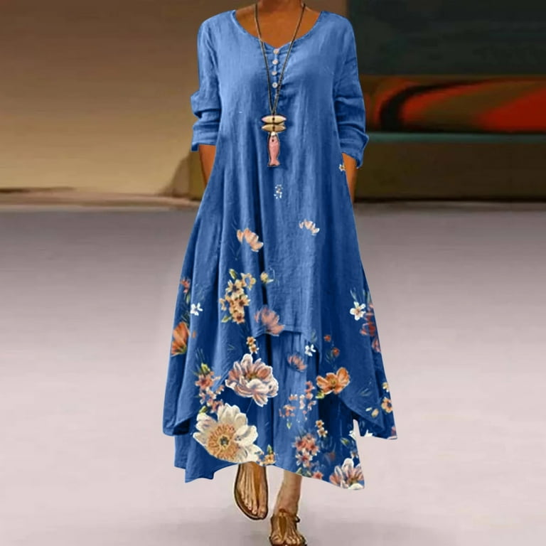 Blue Dresses for Women Long Sleeve Printing Floral Pattern Holiday Dress  V-Neck Loose Fit Trendy Vacation Casual Sun Dress Maxi Fashion Daily Gown  Blouse Ruched Swing Hem Dress,XXL - Walmart.com