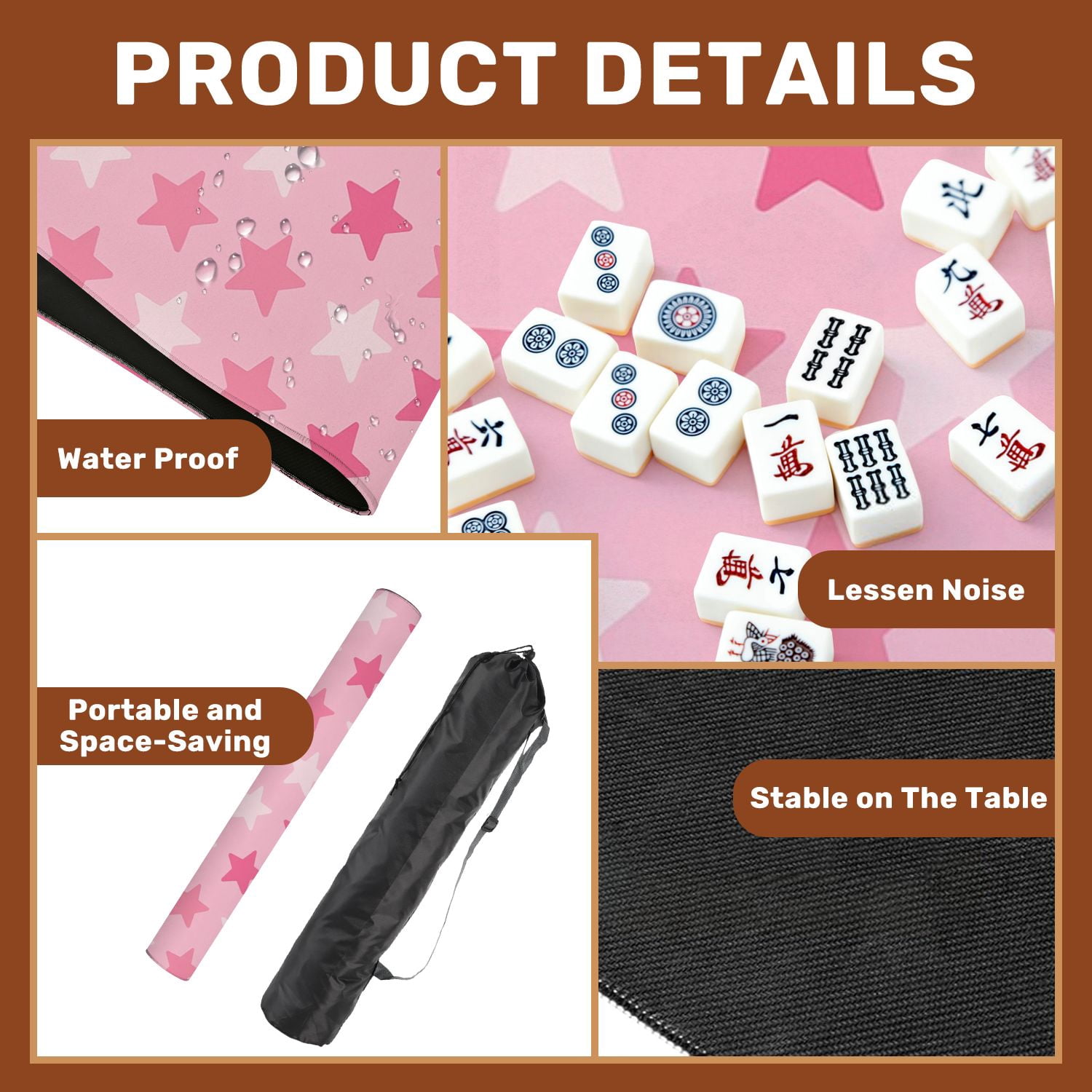 Mahjong Mat 31.5" x 31.5" Pink Star Seamless Light Dark Shades Pastel Non-Slip Noise Reduction American Mahjong Tiles Table Cover for Dominoes Poker Card Board Games Gift