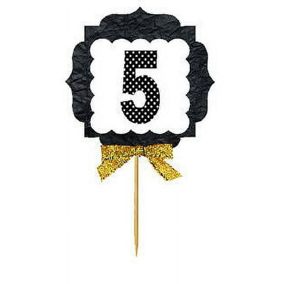 5th Birthday / Anniversary Gold Ribbon Hand Crafted Novelty Cupcake Decoration Toppers / Picks -12ct