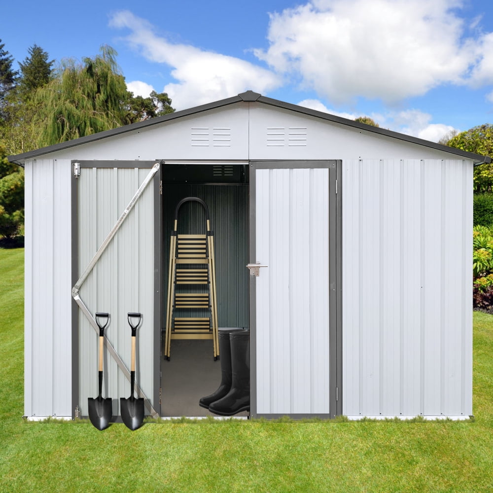 Sleek White & Grey 10ft x 12ft Metal Garden Shed – The Ideal Outdoor Storage Solution! Enjoy Ample Space and Stylish Design to Keep Your Tools and Garden Gear Organized and Protected!