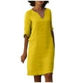 thumbnail image 2 of Summer Dresses for Women 2024 Summer Retro Solid Color Cotton Linen V-Neck Half Sleeve Dress Light Breathable Dress Dresses for Women 2024 Dresses for Women 2024 Casual Spring Yellow Cotton Linen 2XL, 2 of 5