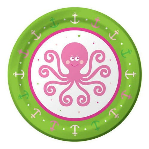 Ocean Preppy Girl Pink Whale Octopus 1st Birthday Party 7" Paper Dessert Plates