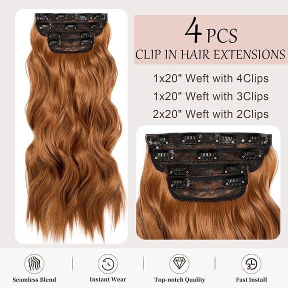 WEIF-Cooper Red Hair Extensions Clip ins 20 Inch Hair Extensions Long Wavy Cosplay Hairpieces for Women Synthetic 4Pcs