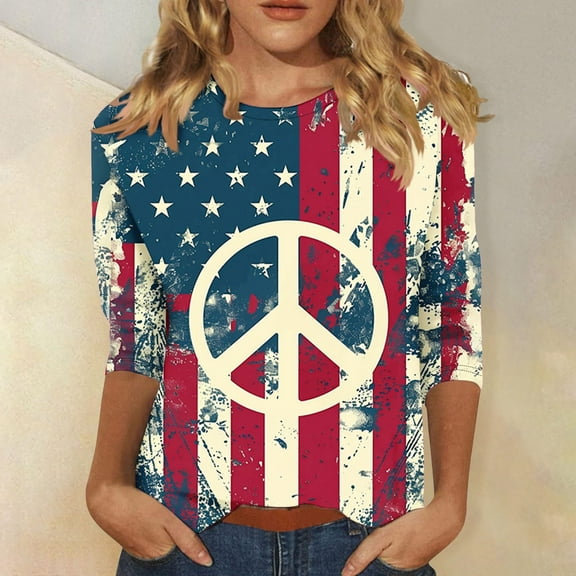 Levmjia 3/4 Length Sleeve Womens Tops Fall Women's Casual Fashion T-shirt Printed 3/4 Sleeve Round Neck Ruched Pullover Blouse Tops