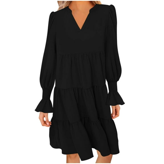 Oplxuo Women’s Tiered V Neck Dress Fall Casual Long Sleeve Loose Casual Solid Babydoll Tunic Swing Mini Dresses