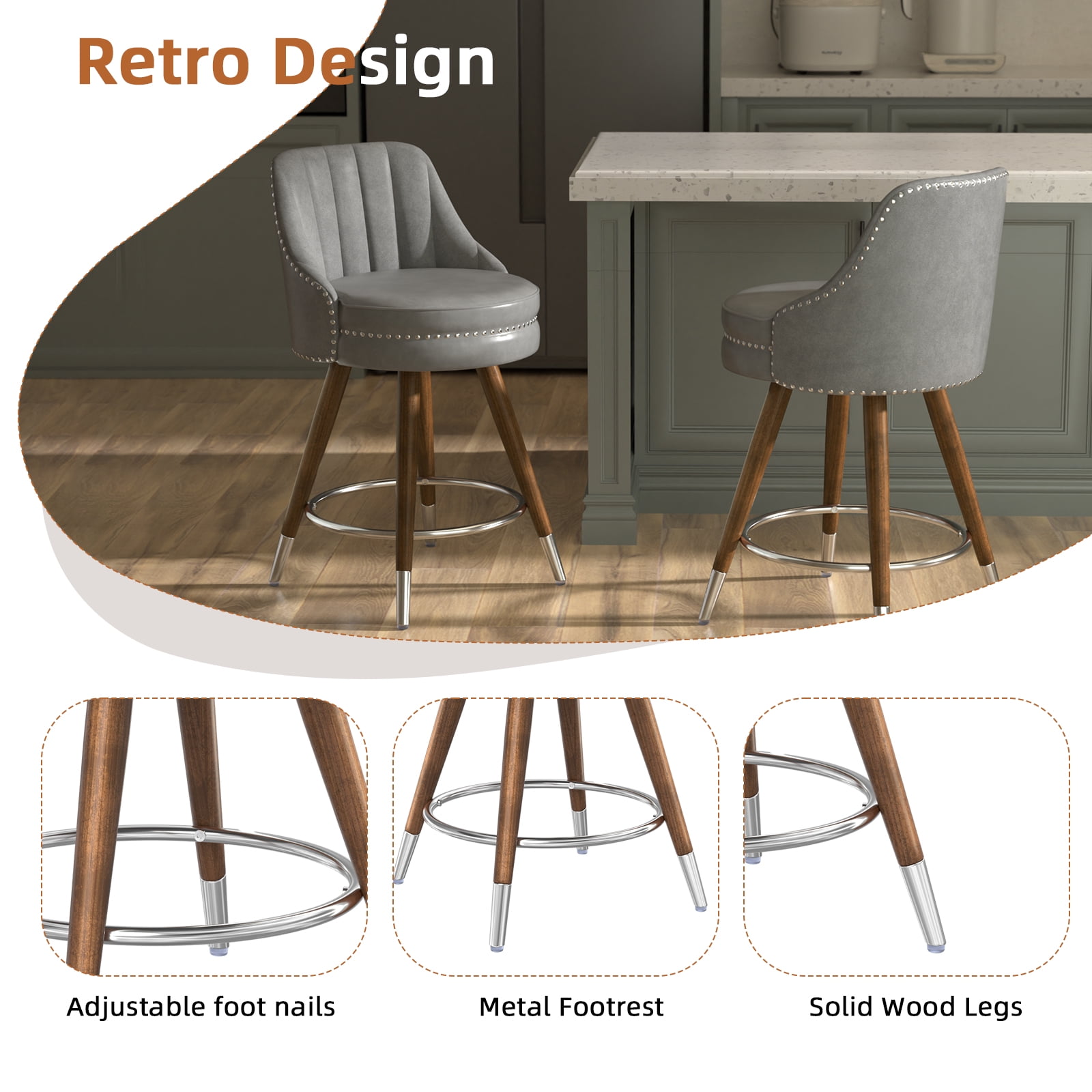 HomeZeer Swivel Bar Stools Set of 4, Counter Height Bar Stools with Back, Leather Swivel Counter Stools with Wood Legs and Footrest, Upholstered Bar Stools Chairs for Kitchen Island, Grey