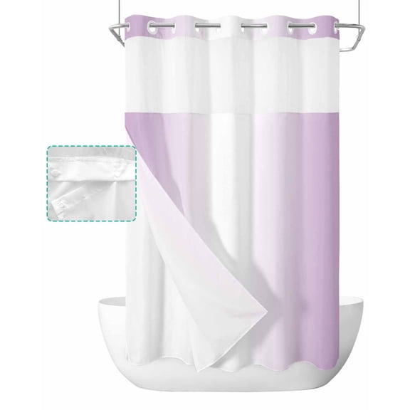 No Hook Shower Curtain with Snap in Liner, Ombre Abstract Gradient Purple White Hotel Shower Curtains for Bathroom, Washable Shower Curtain Liner Set with Mesh Top Window, 36"x78"