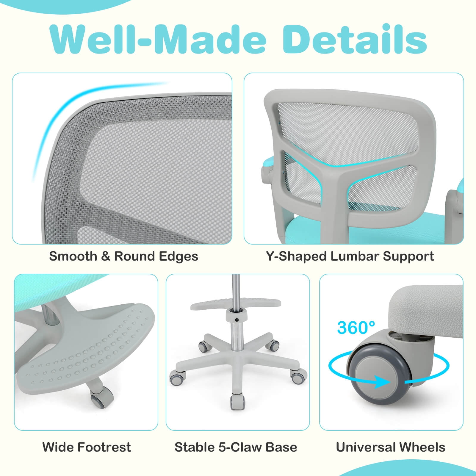 Costway Kids Desk Chair Children Study Chair with Adjustable Height, Armrest & Footrest Green