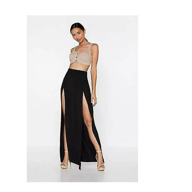 Suuyar Women s High Waisted Double Slit Long Skirt in Stretchy Plain Jersey with Slit on Two Sides Walmart