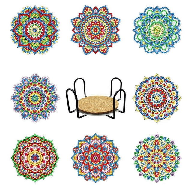 8 posavasos, kits de posavasos con diseño de mandala y diamantes con soporte, kits de bricolaje para adultos