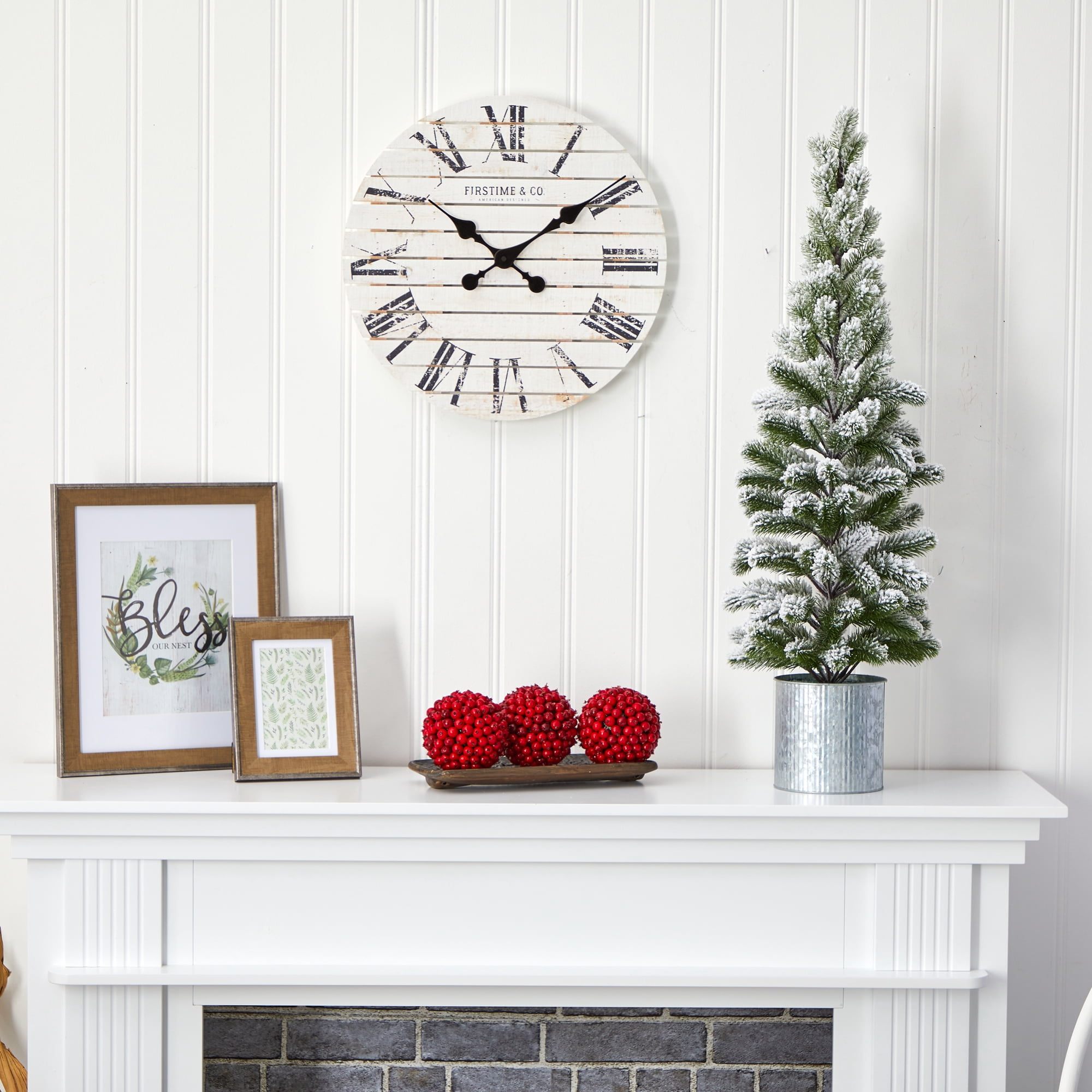 Nearly Natural 3' Green Flocked Pine Artificial Christmas Tree in Tin Planter