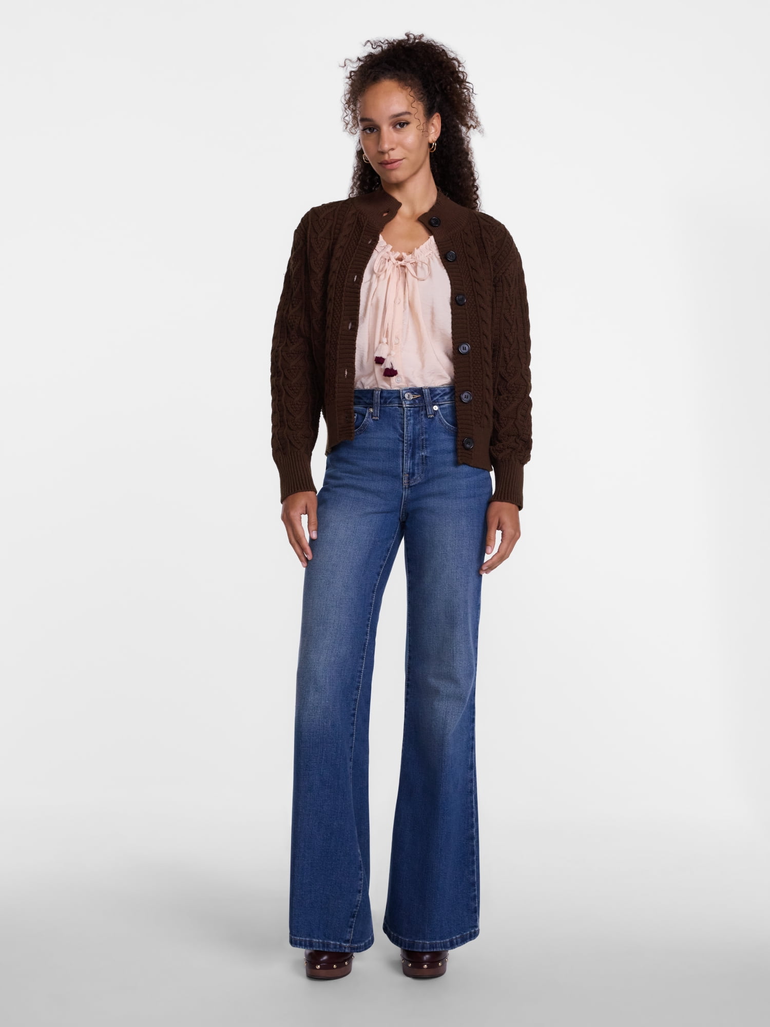 Scenario Woman's Cable Cardigan Sweater with Long Sleeves, Mid-weight, Sizes XS-XXXL