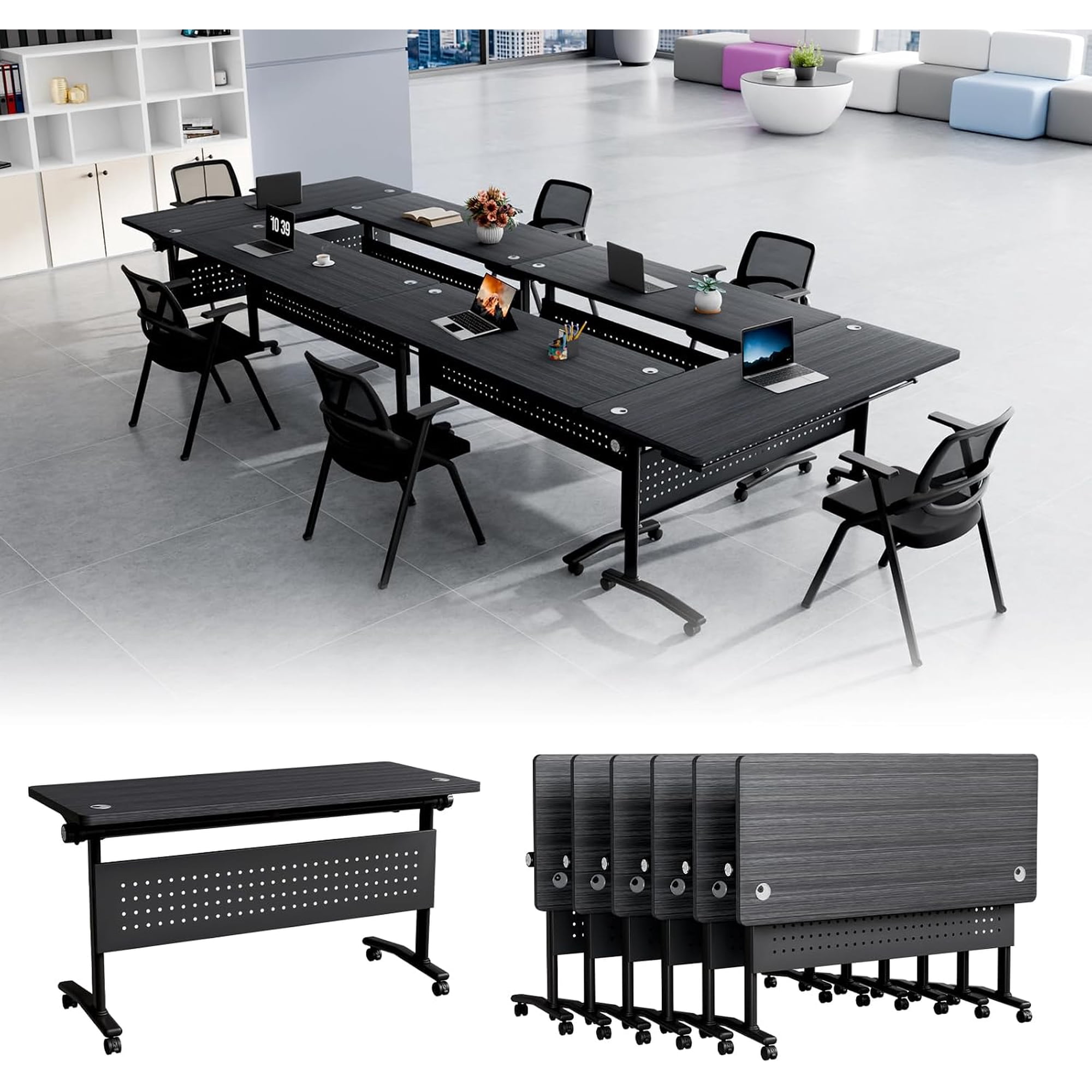 Modular Folding Conference Table with Wheels Rectangular Flip Top Training Table for Office Meeting Room Classroom(Black 71 4)