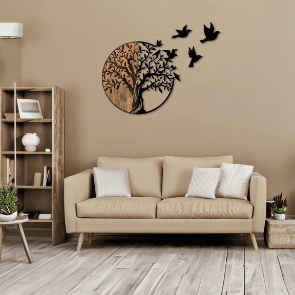 Floral and Birds Round Wooden and Metal Wall Decor