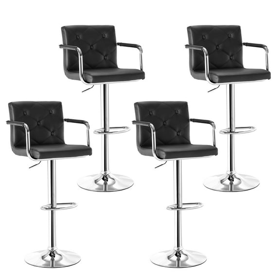 VECELO Set of 4 Adjustable Height Swivel Bar Stools with Back and Armrest, PU Leather Counter Height Barstools, Black