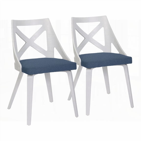 White Textured Wood & Blue Fabric Dining Chairs - 2-Pack with X-Shaped Backrest